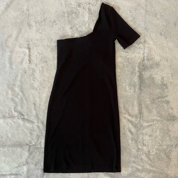 Zara Black Ribbed Bodycon One Shoulder Summer Mini Casual Dress Size Small - Picture 6 of 6